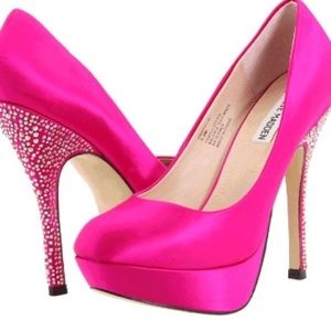 𝅺STEVE Madden Partyy-R Platform Pumps Hot Pink Satin Rhinestone Crystal Heels 8